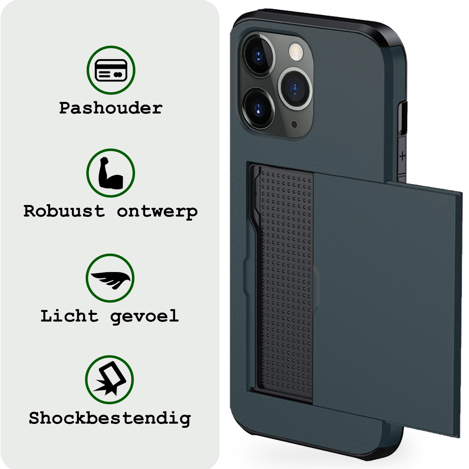 BASEY. Hoes Geschikt voor iPhone 11 Pro Hoesje Hard Case Met Pas Houder Met 2x Screenprotector - Hoesje Geschikt voor iPhone 11 Pro Hoes Shockproof Hard Cover Met Kaarthouder - Donker Blauw
