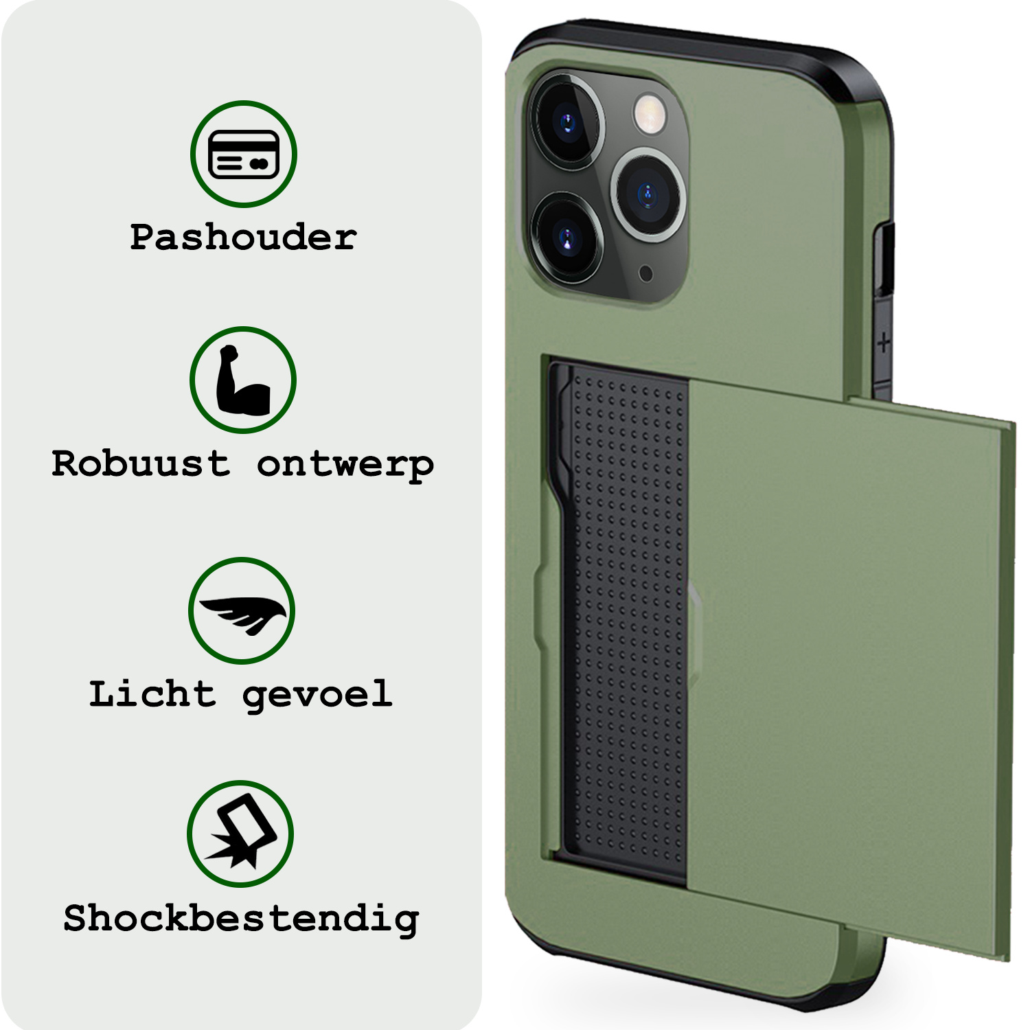 BASEY. Hoes Geschikt voor iPhone 11 Pro Hoesje Hard Case Met Pas Houder Met 2x Screenprotector - Hoesje Geschikt voor iPhone 11 Pro Hoes Shockproof Hard Cover Met Kaarthouder - Donker Groen