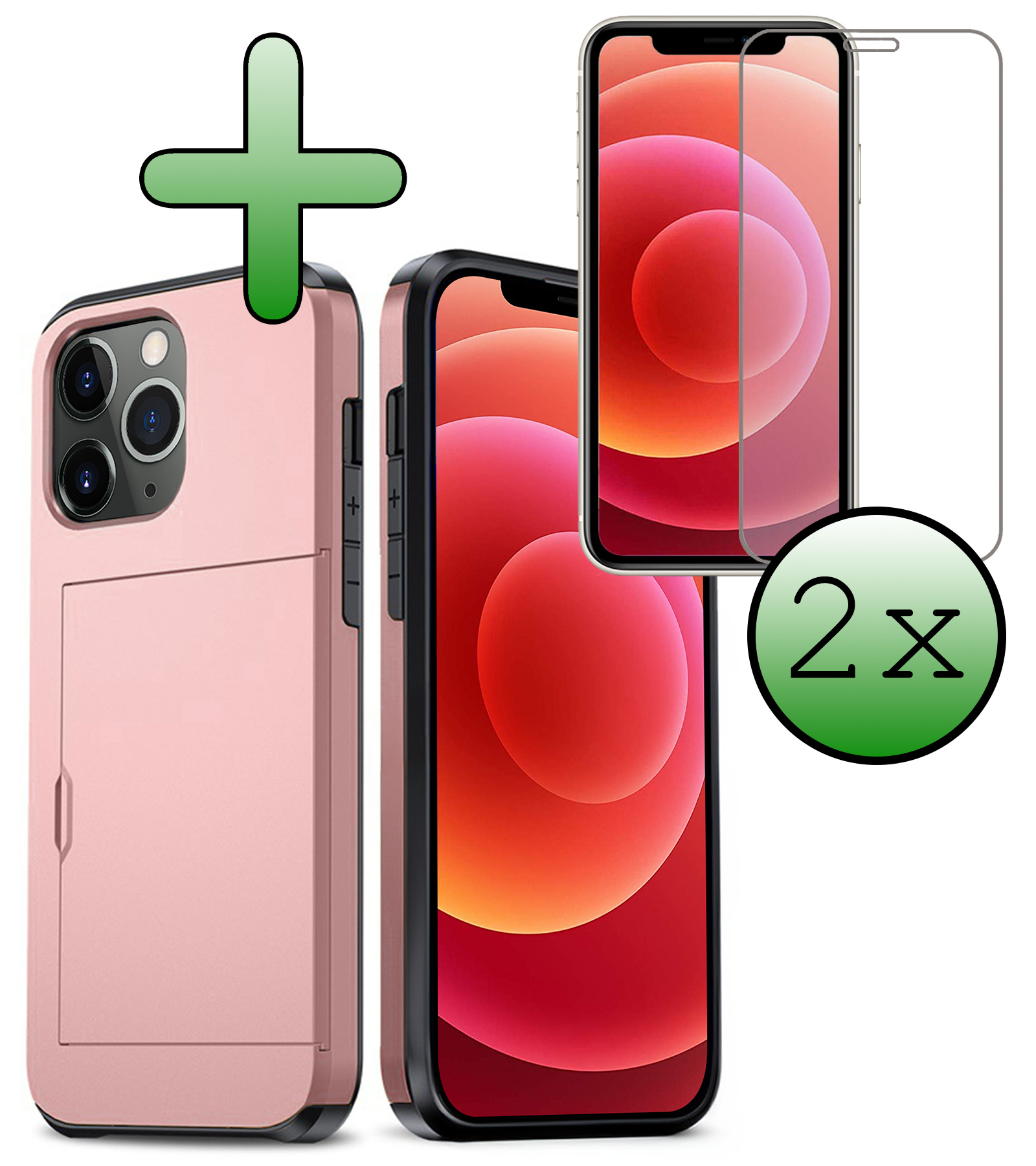 BASEY. Hoes Geschikt voor iPhone 11 Pro Hoesje Hard Case Met Pas Houder Met 2x Screenprotector - Hoesje Geschikt voor iPhone 11 Pro Hoes Shockproof Hard Cover Met Kaarthouder - Rosé Goud