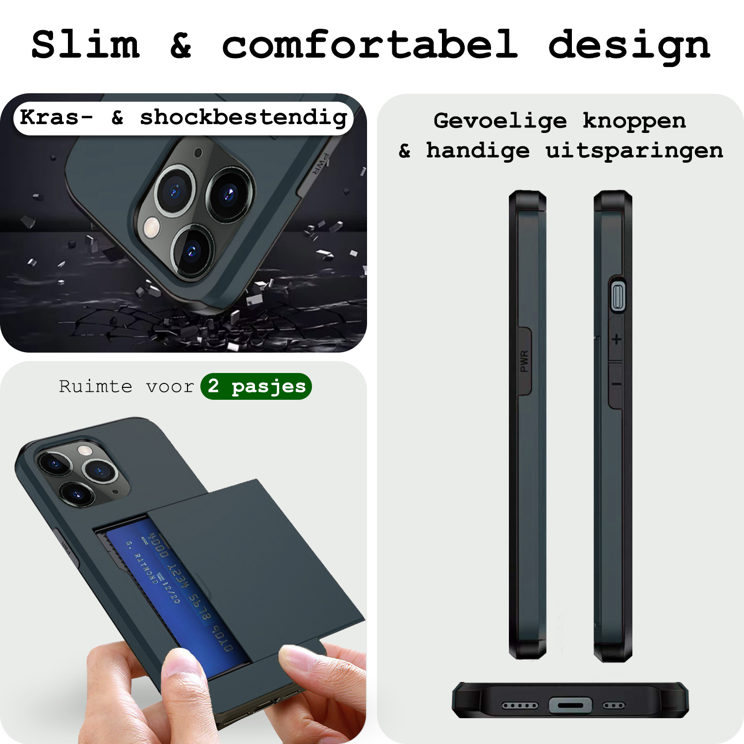 BASEY. Hoes Geschikt voor iPhone 11 Pro Max Hoesje Hard Case Met Pas Houder Met Screenprotector - Hoesje Geschikt voor iPhone 11 Pro Max Hoes Shockproof Hard Cover Met Kaarthouder - Donker Blauw