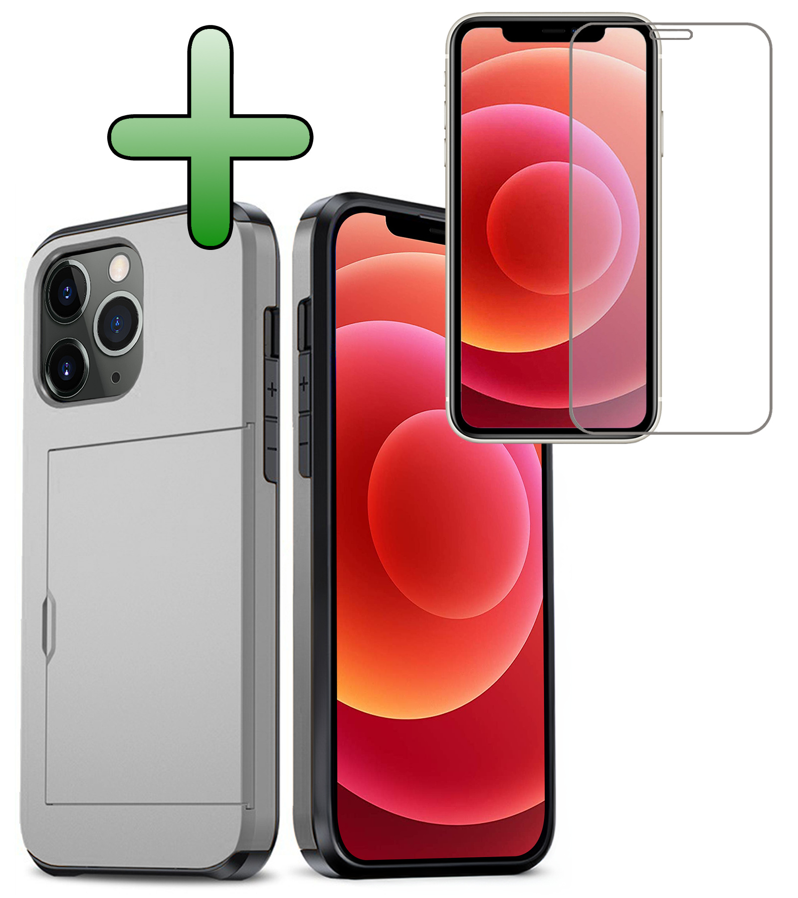 BASEY. Hoes Geschikt voor iPhone 11 Pro Max Hoesje Hard Case Met Pas Houder Met Screenprotector - Hoesje Geschikt voor iPhone 11 Pro Max Hoes Shockproof Hard Cover Met Kaarthouder - Grijs