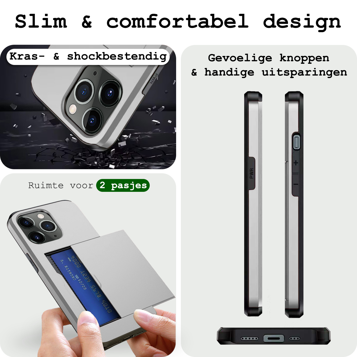 BASEY. Hoes Geschikt voor iPhone 11 Pro Max Hoesje Hard Case Met Pas Houder Met Screenprotector - Hoesje Geschikt voor iPhone 11 Pro Max Hoes Shockproof Hard Cover Met Kaarthouder - Grijs