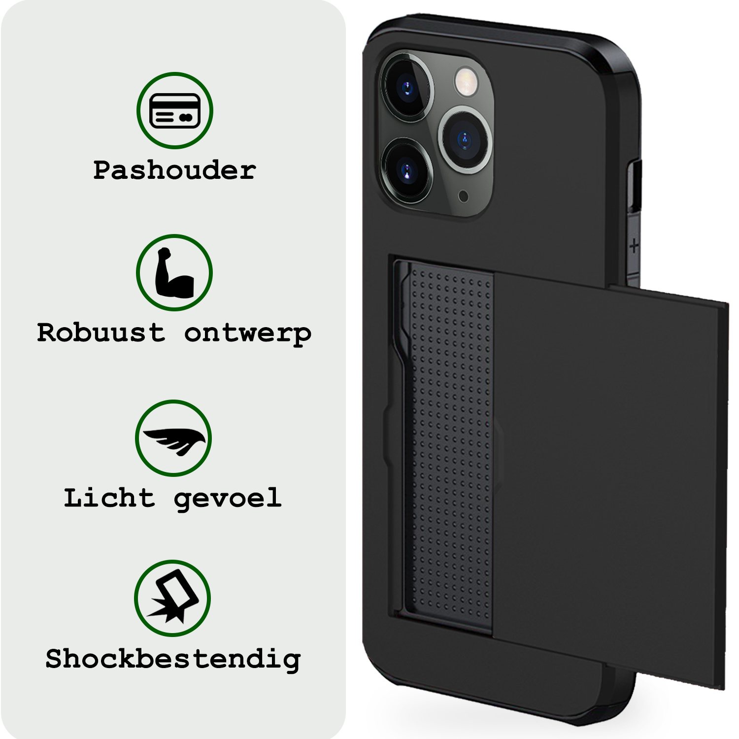 BASEY. Hoes Geschikt voor iPhone 11 Pro Max Hoesje Hard Case Met Pas Houder Met Screenprotector - Hoesje Geschikt voor iPhone 11 Pro Max Hoes Shockproof Hard Cover Met Kaarthouder - Zwart