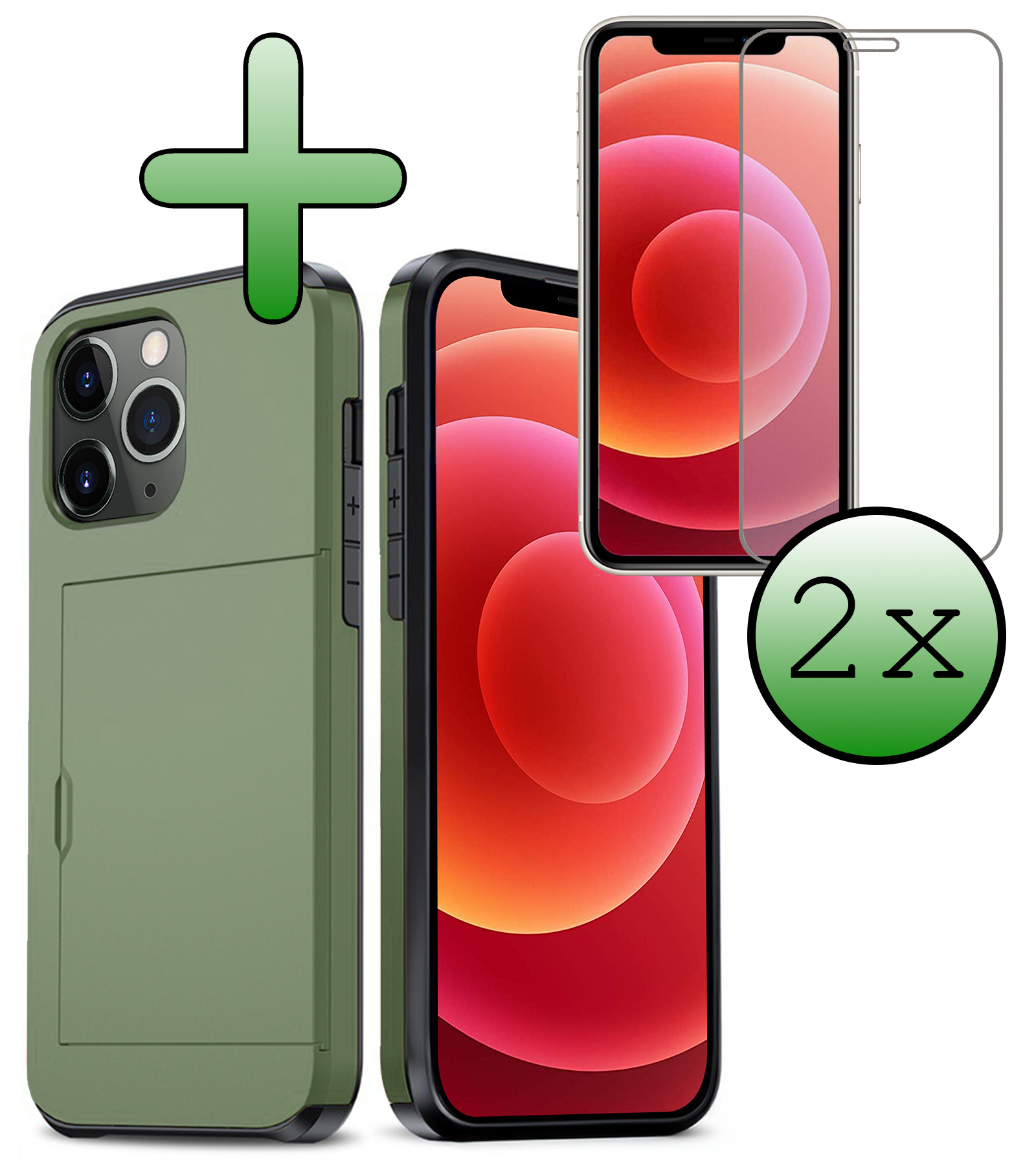 BASEY. Hoes Geschikt voor iPhone 11 Pro Max Hoesje Hard Case Met Pas Houder Met 2x Screenprotector - Hoesje Geschikt voor iPhone 11 Pro Max Hoes Shockproof Hard Cover Met Kaarthouder - Donker Groen