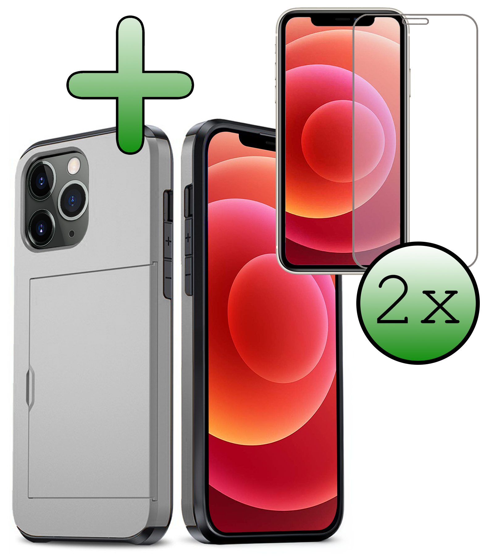 BASEY. Hoes Geschikt voor iPhone 11 Pro Max Hoesje Hard Case Met Pas Houder Met 2x Screenprotector - Hoesje Geschikt voor iPhone 11 Pro Max Hoes Shockproof Hard Cover Met Kaarthouder - Grijs