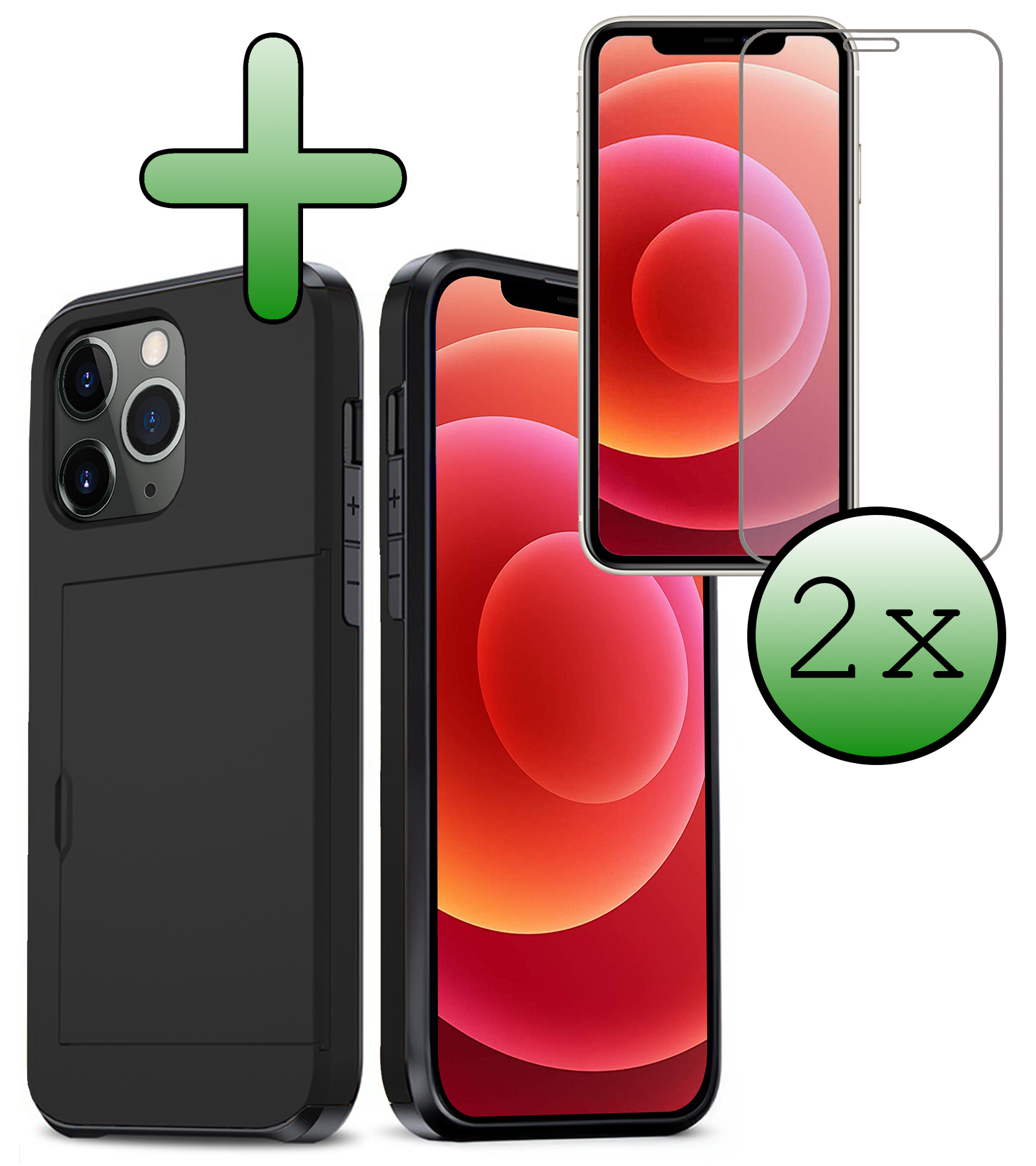 BASEY. Hoes Geschikt voor iPhone 11 Pro Max Hoesje Hard Case Met Pas Houder Met 2x Screenprotector - Hoesje Geschikt voor iPhone 11 Pro Max Hoes Shockproof Hard Cover Met Kaarthouder - Zwart