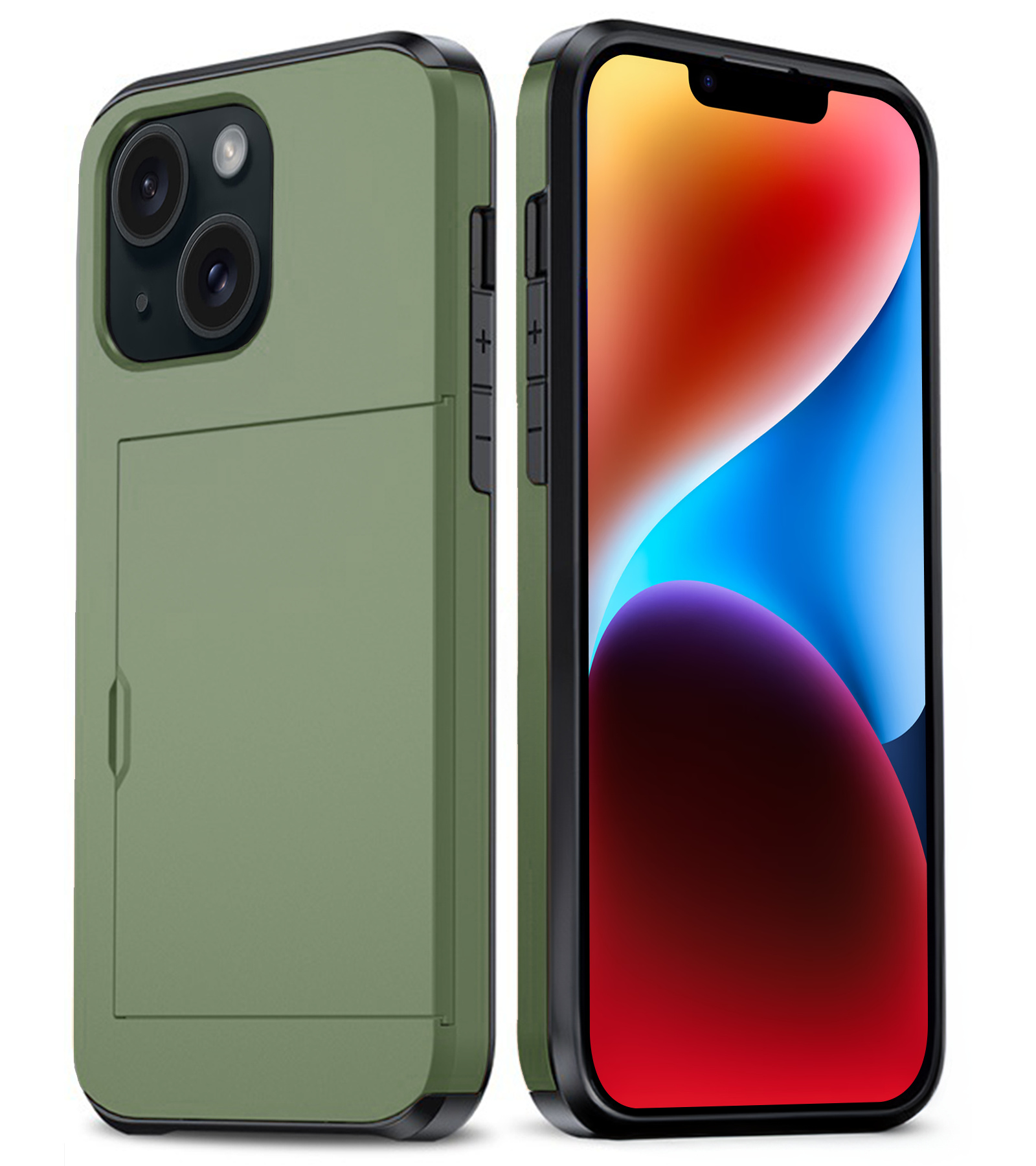 BASEY. Hoes Geschikt voor iPhone 14 Hoesje Hard Case Met Pas Houder - Hoesje Geschikt voor iPhone 14 Hoes Shockproof Hard Cover Met Kaarthouder - Donker Groen