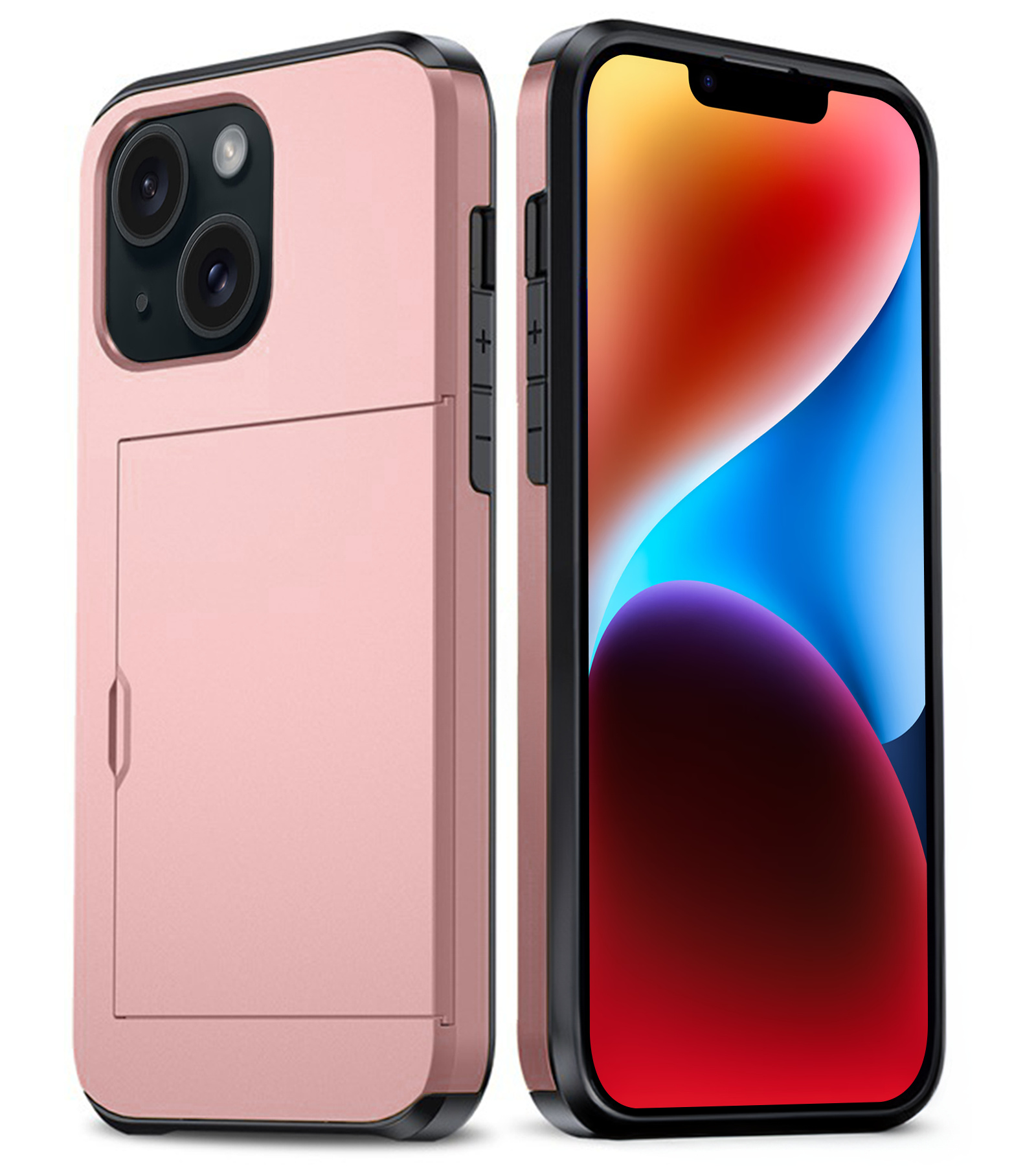 BASEY. Hoes Geschikt voor iPhone 14 Hoesje Hard Case Met Pas Houder - Hoesje Geschikt voor iPhone 14 Hoes Shockproof Hard Cover Met Kaarthouder - Rosé Goud