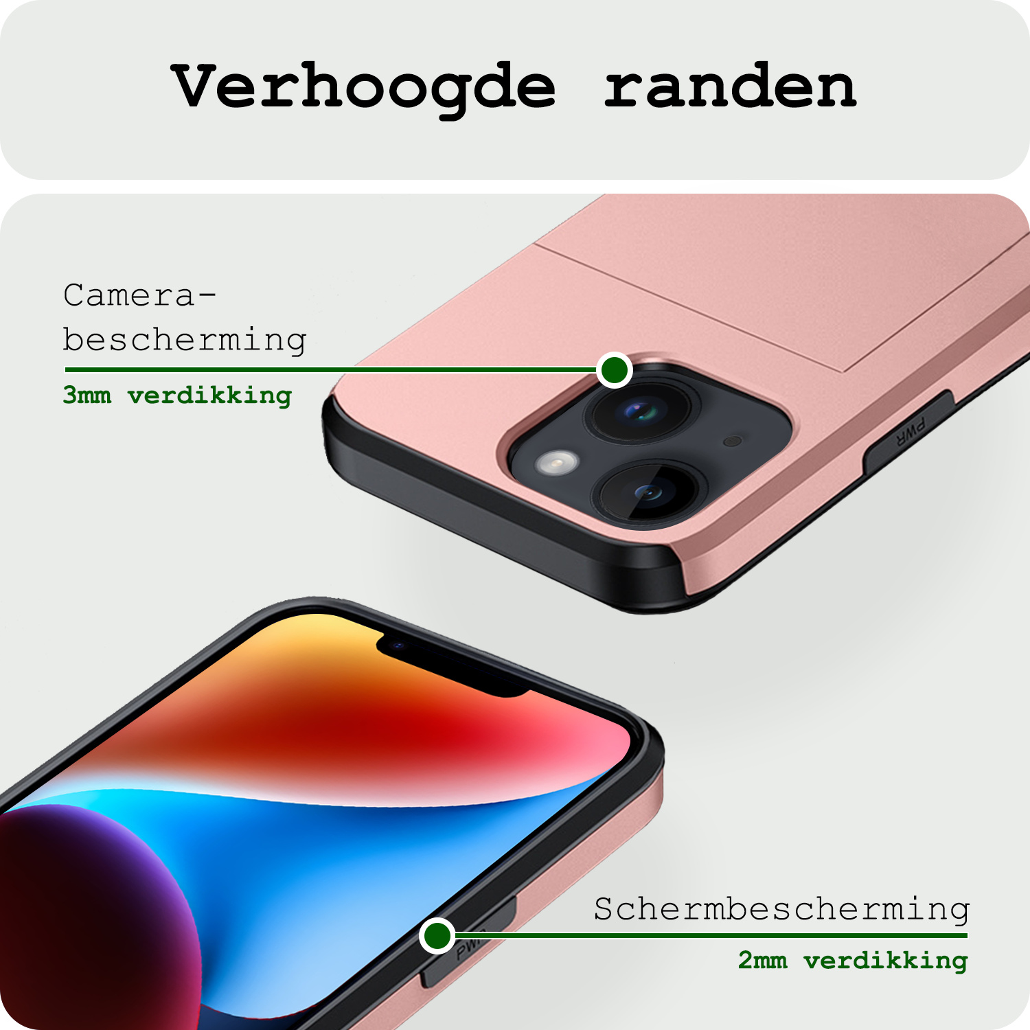 BASEY. Hoes Geschikt voor iPhone 14 Hoesje Hard Case Met Pas Houder - Hoesje Geschikt voor iPhone 14 Hoes Shockproof Hard Cover Met Kaarthouder - Rosé Goud
