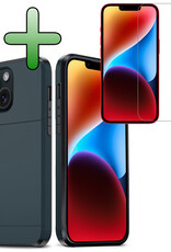 BASEY. Hoes Geschikt voor iPhone 14 Hoesje Hard Case Met Pas Houder Met Screenprotector - Hoesje Geschikt voor iPhone 14 Hoes Shockproof Hard Cover Met Kaarthouder - Donker Blauw