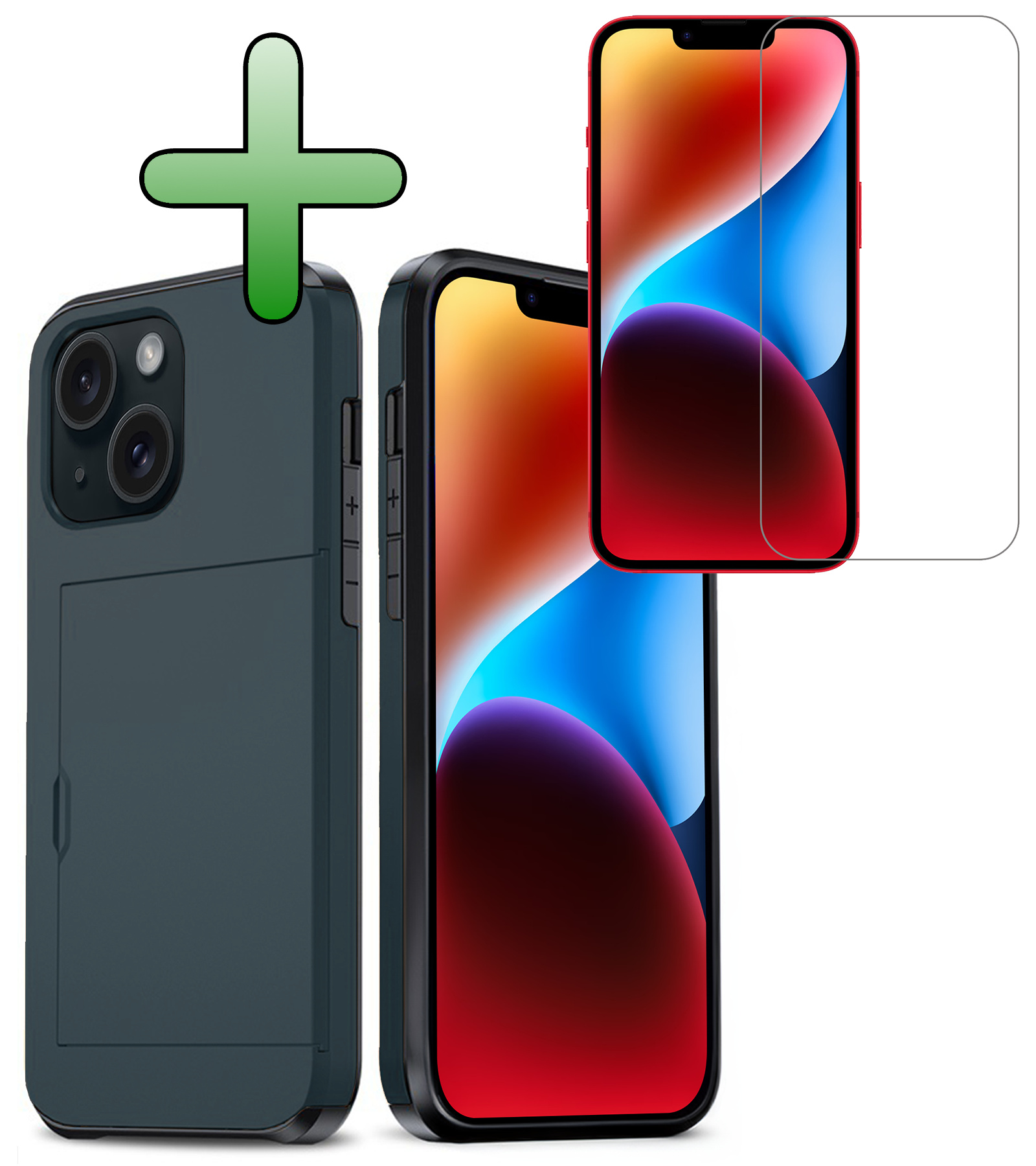 BASEY. Hoes Geschikt voor iPhone 14 Hoesje Hard Case Met Pas Houder Met Screenprotector - Hoesje Geschikt voor iPhone 14 Hoes Shockproof Hard Cover Met Kaarthouder - Donker Blauw