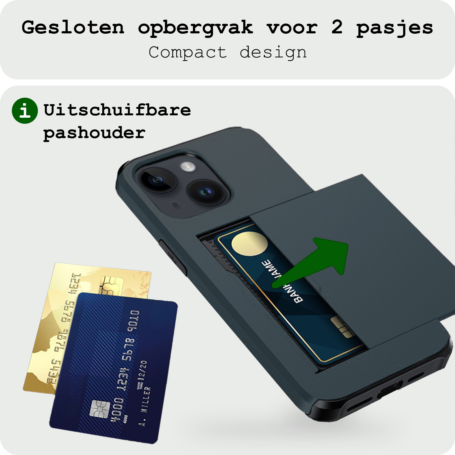 BASEY. Hoes Geschikt voor iPhone 14 Hoesje Hard Case Met Pas Houder Met Screenprotector - Hoesje Geschikt voor iPhone 14 Hoes Shockproof Hard Cover Met Kaarthouder - Donker Blauw