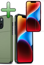 BASEY. Hoes Geschikt voor iPhone 14 Hoesje Hard Case Met Pas Houder Met Screenprotector - Hoesje Geschikt voor iPhone 14 Hoes Shockproof Hard Cover Met Kaarthouder - Donker Groen