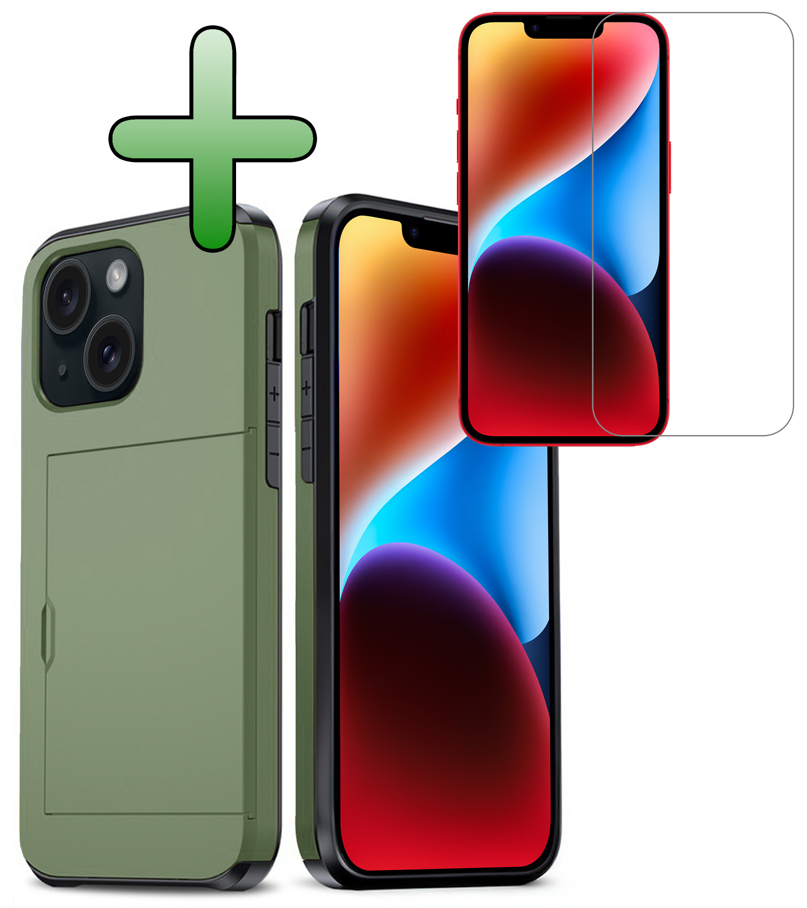 BASEY. Hoes Geschikt voor iPhone 14 Hoesje Hard Case Met Pas Houder Met Screenprotector - Hoesje Geschikt voor iPhone 14 Hoes Shockproof Hard Cover Met Kaarthouder - Donker Groen