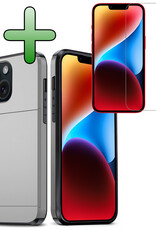 BASEY. Hoes Geschikt voor iPhone 14 Hoesje Hard Case Met Pas Houder Met Screenprotector - Hoesje Geschikt voor iPhone 14 Hoes Shockproof Hard Cover Met Kaarthouder - Grijs