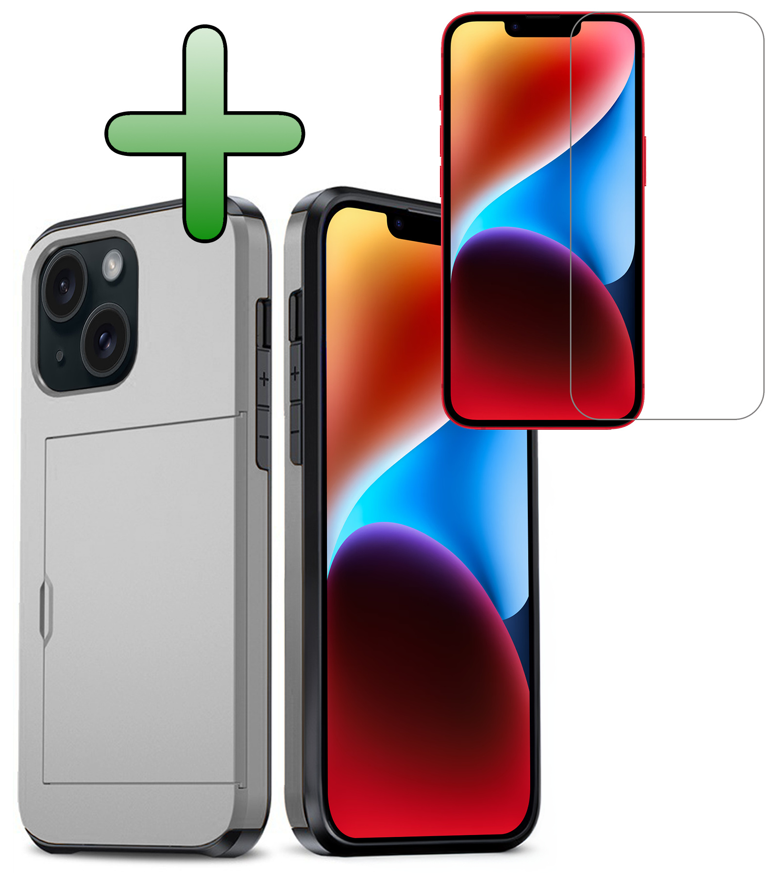 BASEY. Hoes Geschikt voor iPhone 14 Hoesje Hard Case Met Pas Houder Met Screenprotector - Hoesje Geschikt voor iPhone 14 Hoes Shockproof Hard Cover Met Kaarthouder - Grijs