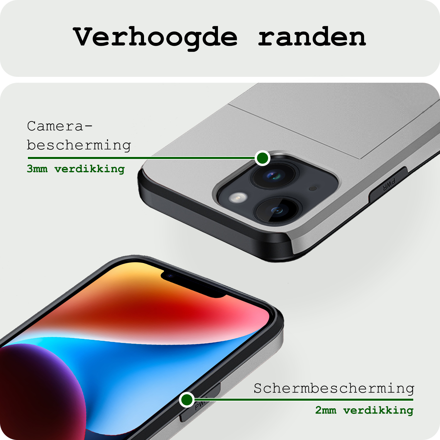 BASEY. Hoes Geschikt voor iPhone 14 Hoesje Hard Case Met Pas Houder Met Screenprotector - Hoesje Geschikt voor iPhone 14 Hoes Shockproof Hard Cover Met Kaarthouder - Grijs
