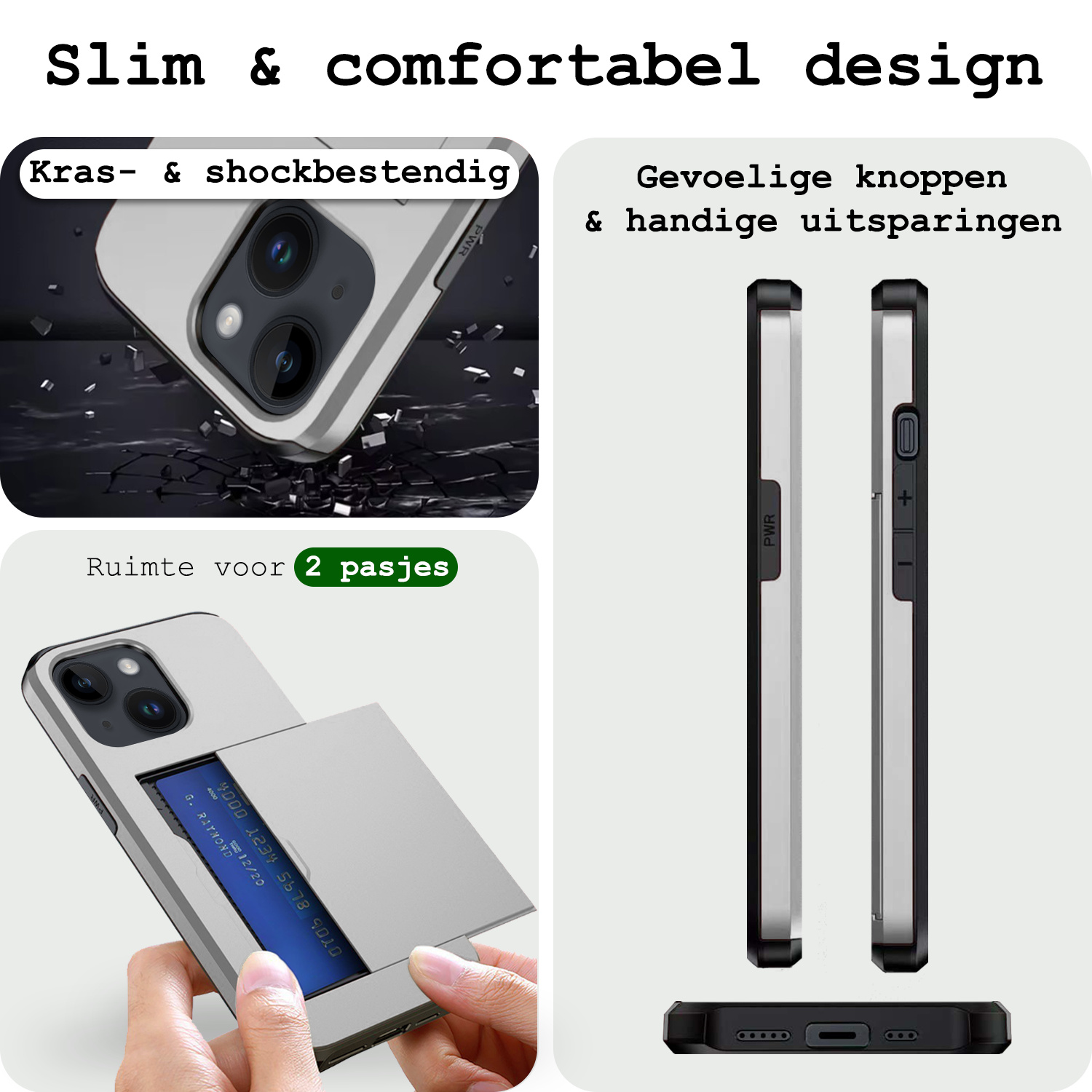 BASEY. Hoes Geschikt voor iPhone 14 Hoesje Hard Case Met Pas Houder Met Screenprotector - Hoesje Geschikt voor iPhone 14 Hoes Shockproof Hard Cover Met Kaarthouder - Grijs
