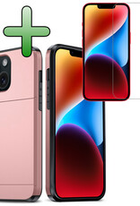 BASEY. Hoes Geschikt voor iPhone 14 Hoesje Hard Case Met Pas Houder Met Screenprotector - Hoesje Geschikt voor iPhone 14 Hoes Shockproof Hard Cover Met Kaarthouder - Rosé Goud