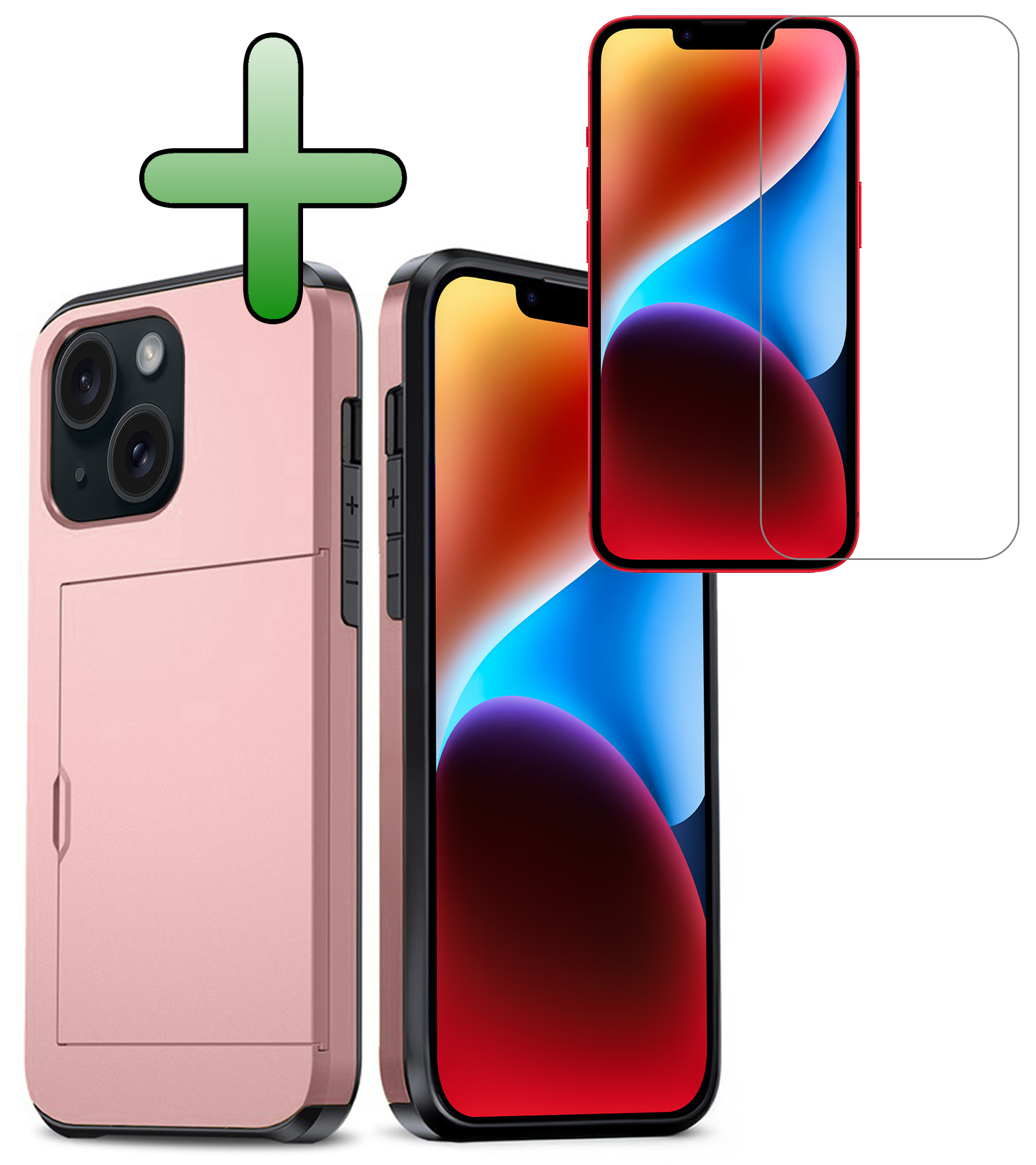 BASEY. Hoes Geschikt voor iPhone 14 Hoesje Hard Case Met Pas Houder Met Screenprotector - Hoesje Geschikt voor iPhone 14 Hoes Shockproof Hard Cover Met Kaarthouder - Rosé Goud