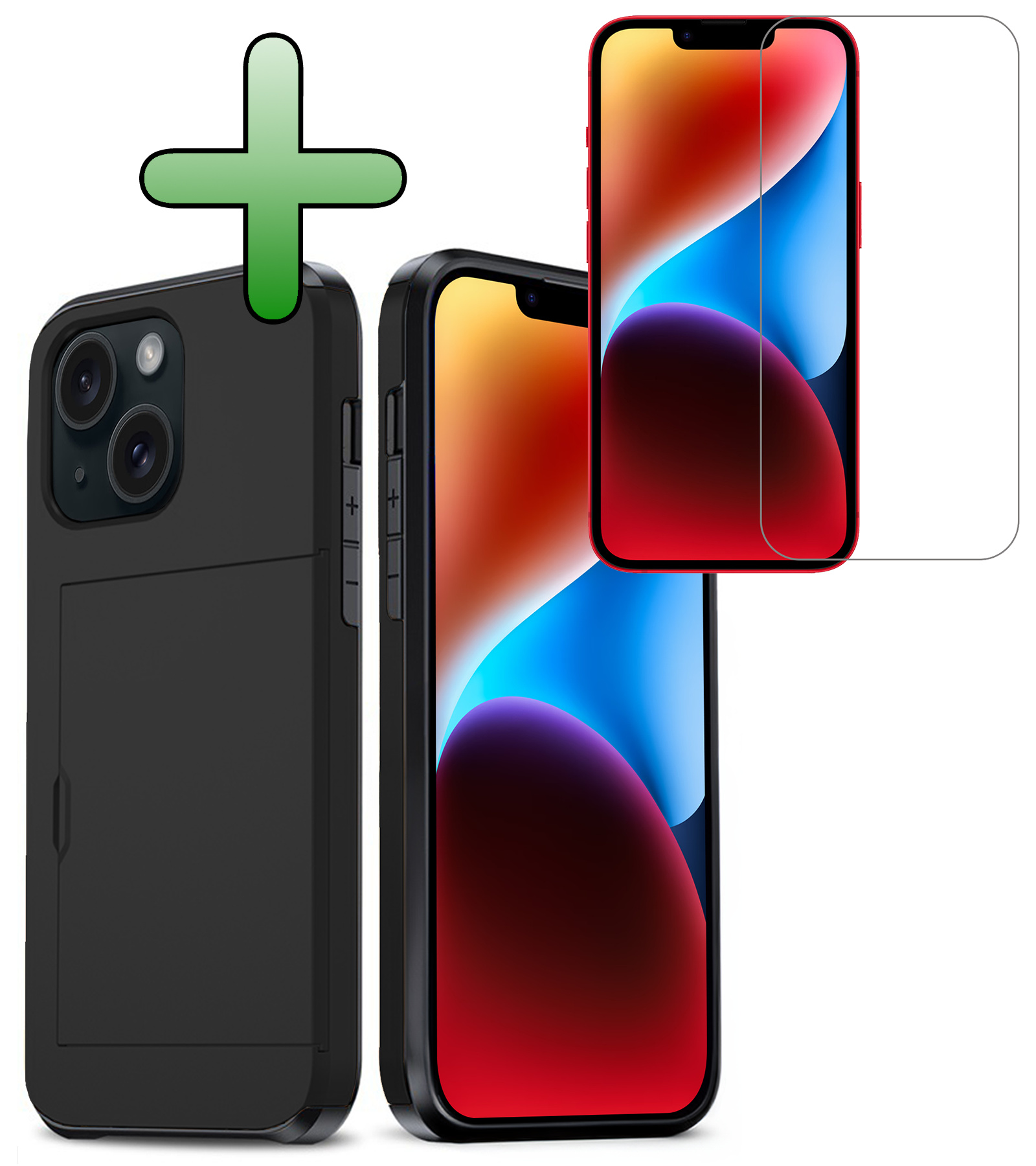 BASEY. Hoes Geschikt voor iPhone 14 Hoesje Hard Case Met Pas Houder Met Screenprotector - Hoesje Geschikt voor iPhone 14 Hoes Shockproof Hard Cover Met Kaarthouder - Zwart