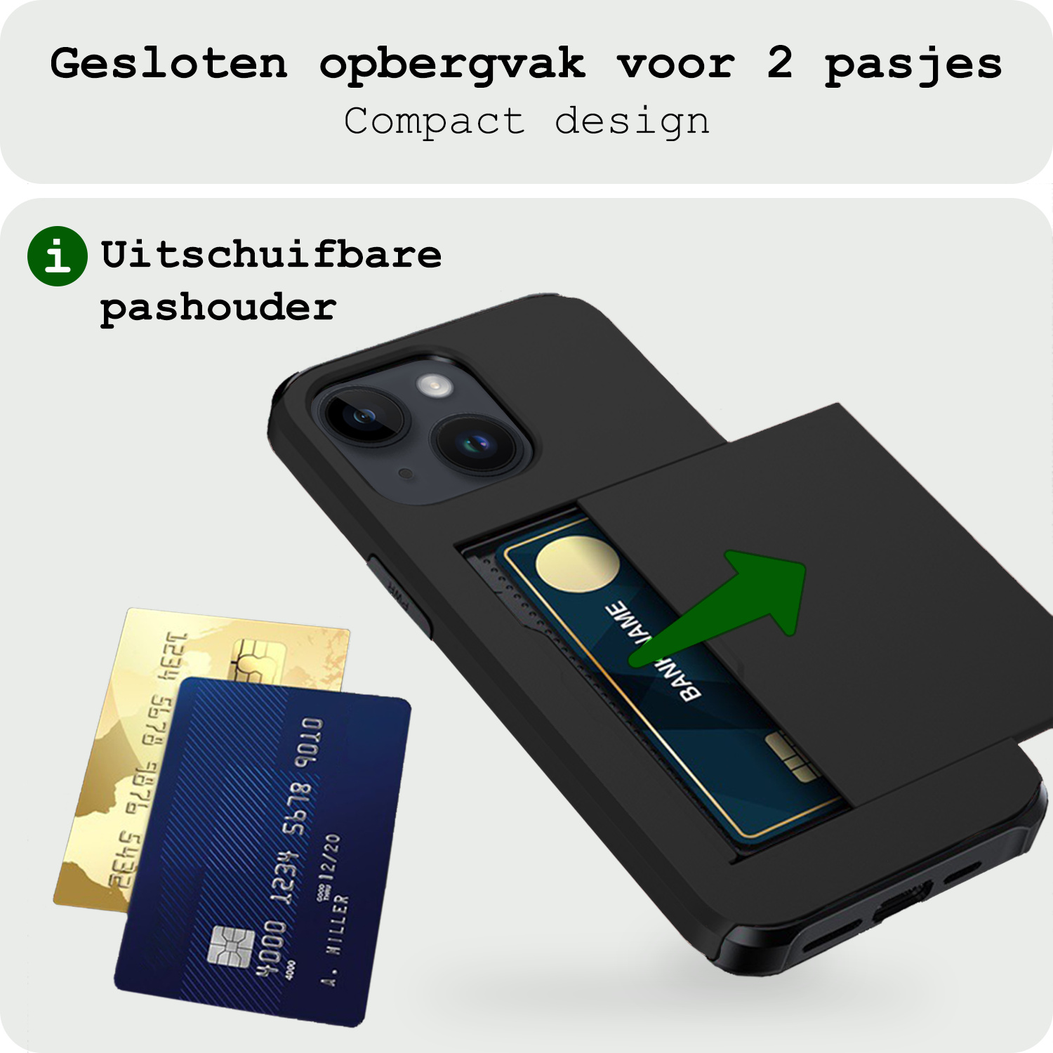 BASEY. Hoes Geschikt voor iPhone 14 Hoesje Hard Case Met Pas Houder Met Screenprotector - Hoesje Geschikt voor iPhone 14 Hoes Shockproof Hard Cover Met Kaarthouder - Zwart