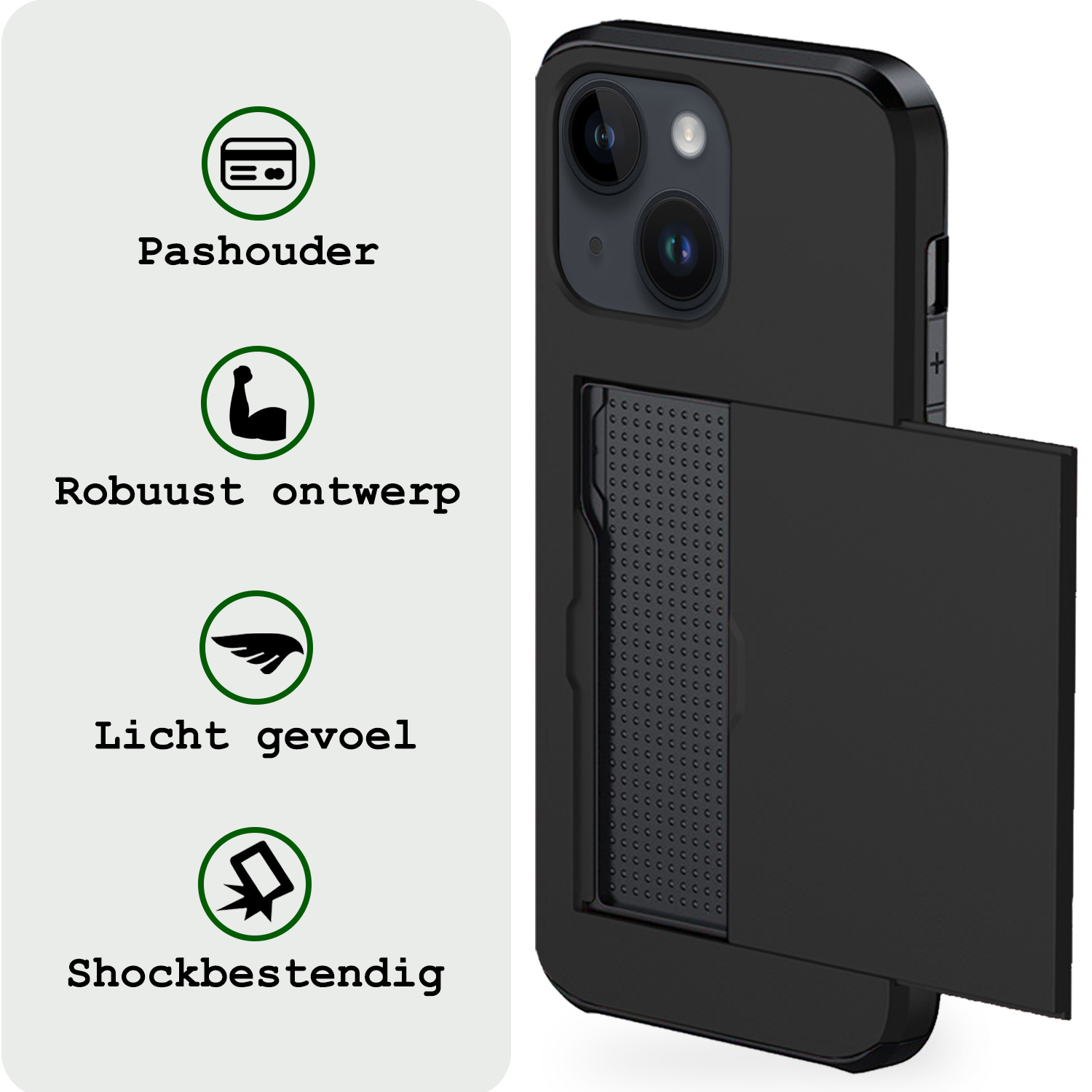 BASEY. Hoes Geschikt voor iPhone 14 Hoesje Hard Case Met Pas Houder Met Screenprotector - Hoesje Geschikt voor iPhone 14 Hoes Shockproof Hard Cover Met Kaarthouder - Zwart