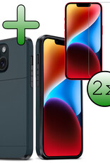 BASEY. Hoes Geschikt voor iPhone 14 Hoesje Hard Case Met Pas Houder Met 2x Screenprotector - Hoesje Geschikt voor iPhone 14 Hoes Shockproof Hard Cover Met Kaarthouder - Donker Blauw