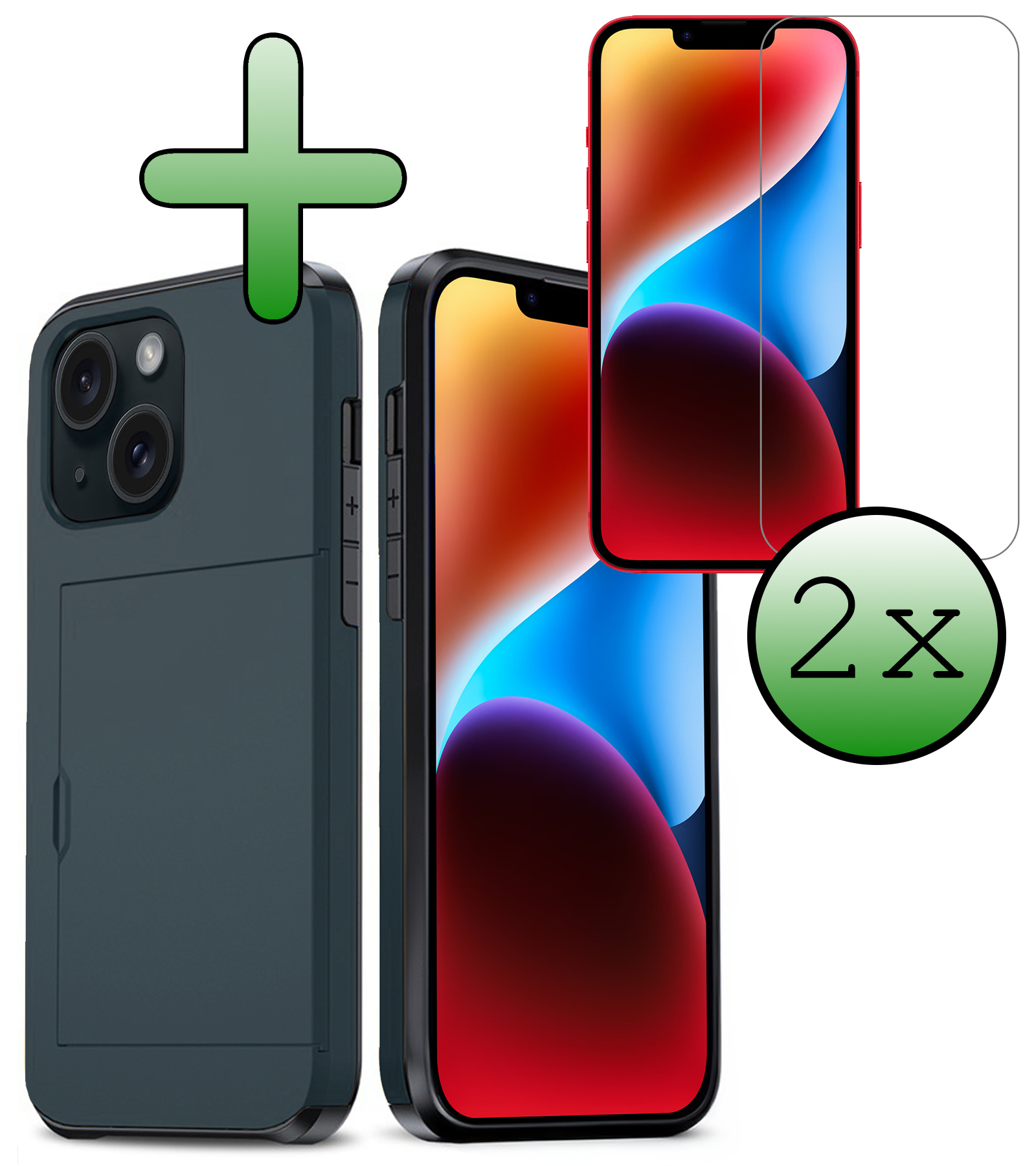BASEY. Hoes Geschikt voor iPhone 14 Hoesje Hard Case Met Pas Houder Met 2x Screenprotector - Hoesje Geschikt voor iPhone 14 Hoes Shockproof Hard Cover Met Kaarthouder - Donker Blauw