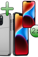 BASEY. Hoes Geschikt voor iPhone 14 Hoesje Hard Case Met Pas Houder Met 2x Screenprotector - Hoesje Geschikt voor iPhone 14 Hoes Shockproof Hard Cover Met Kaarthouder - Grijs