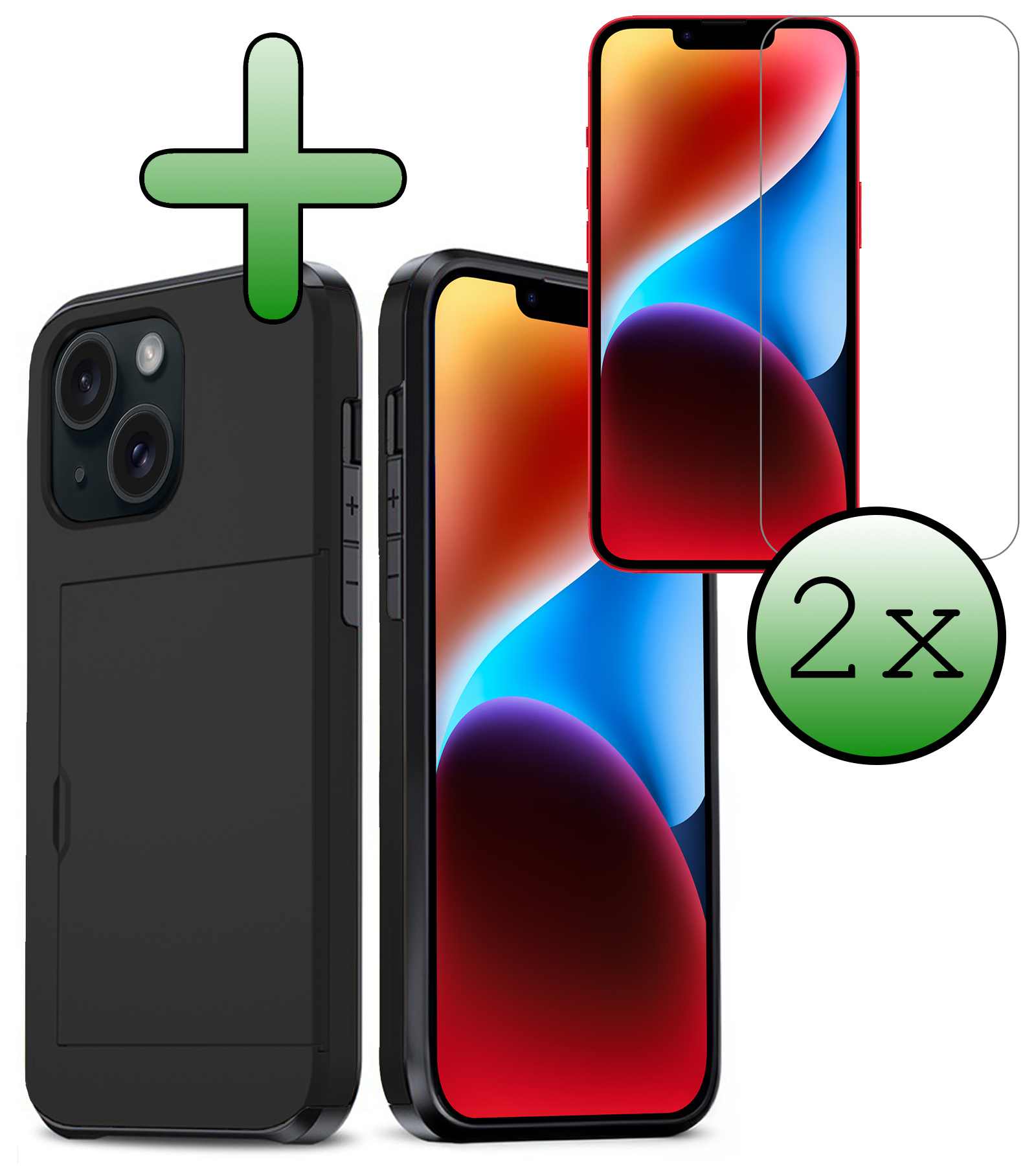 BASEY. Hoes Geschikt voor iPhone 14 Hoesje Hard Case Met Pas Houder Met 2x Screenprotector - Hoesje Geschikt voor iPhone 14 Hoes Shockproof Hard Cover Met Kaarthouder - Zwart