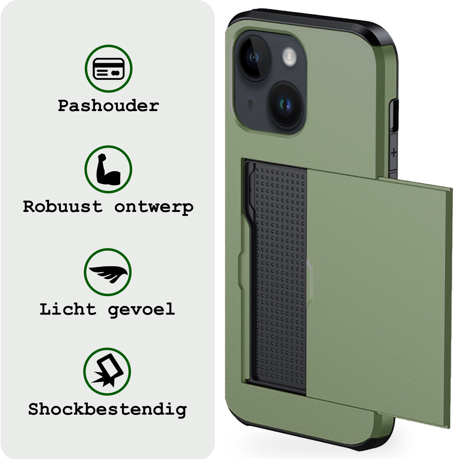 BASEY. Hoes Geschikt voor iPhone 14 Plus Hoesje Hard Case Met Pas Houder Met Screenprotector - Hoesje Geschikt voor iPhone 14 Plus Hoes Shockproof Hard Cover Met Kaarthouder - Donker Groen