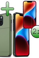 BASEY. Hoes Geschikt voor iPhone 14 Plus Hoesje Hard Case Met Pas Houder Met 2x Screenprotector - Hoesje Geschikt voor iPhone 14 Plus Hoes Shockproof Hard Cover Met Kaarthouder - Donker Groen