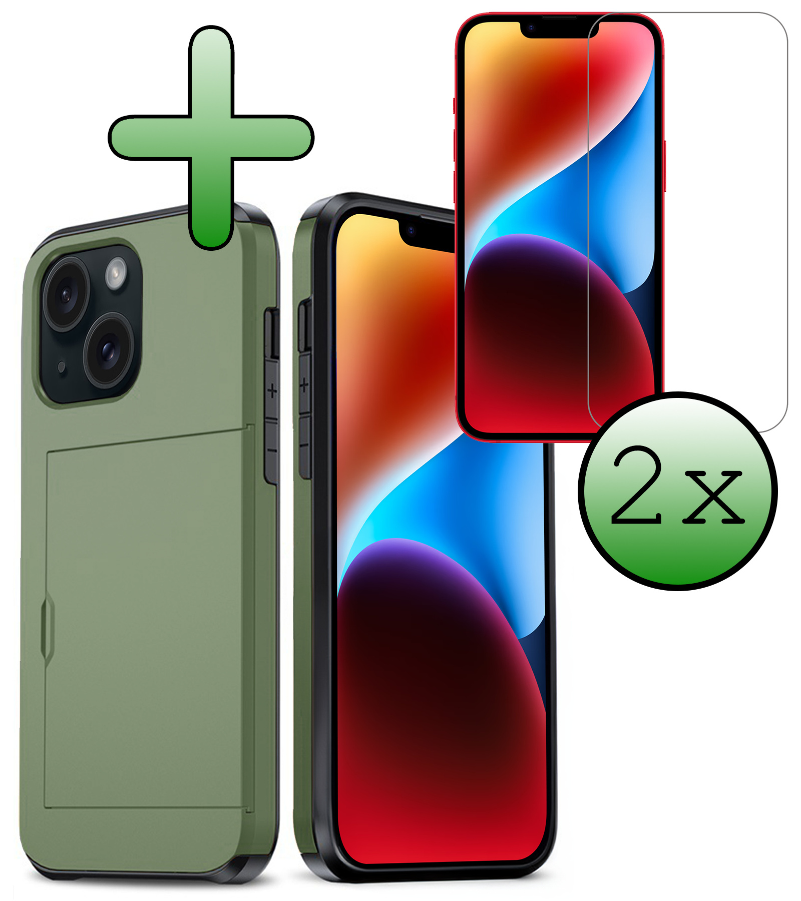 BASEY. Hoes Geschikt voor iPhone 14 Plus Hoesje Hard Case Met Pas Houder Met 2x Screenprotector - Hoesje Geschikt voor iPhone 14 Plus Hoes Shockproof Hard Cover Met Kaarthouder - Donker Groen