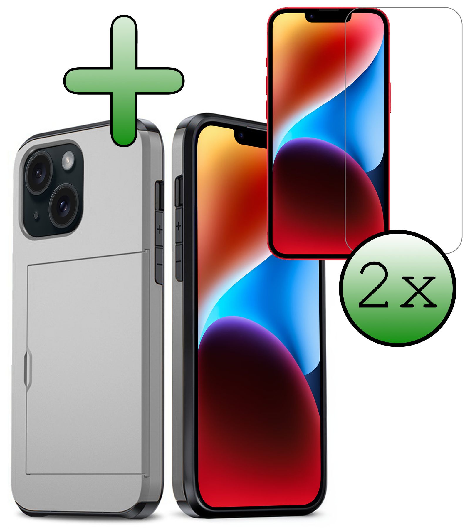 BASEY. Hoes Geschikt voor iPhone 14 Plus Hoesje Hard Case Met Pas Houder Met 2x Screenprotector - Hoesje Geschikt voor iPhone 14 Plus Hoes Shockproof Hard Cover Met Kaarthouder - Grijs