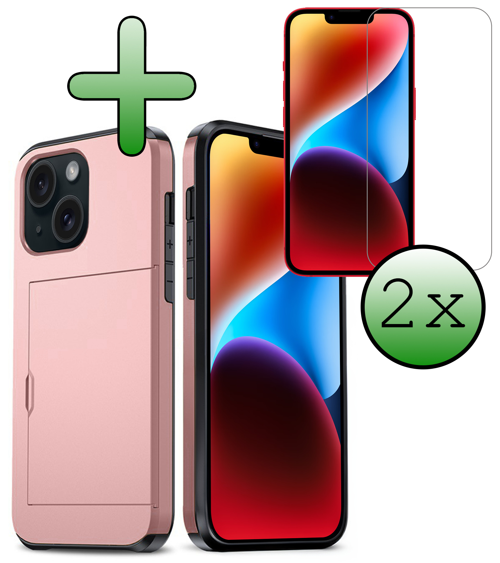 BASEY. Hoes Geschikt voor iPhone 14 Plus Hoesje Hard Case Met Pas Houder Met 2x Screenprotector - Hoesje Geschikt voor iPhone 14 Plus Hoes Shockproof Hard Cover Met Kaarthouder - Rosé Goud