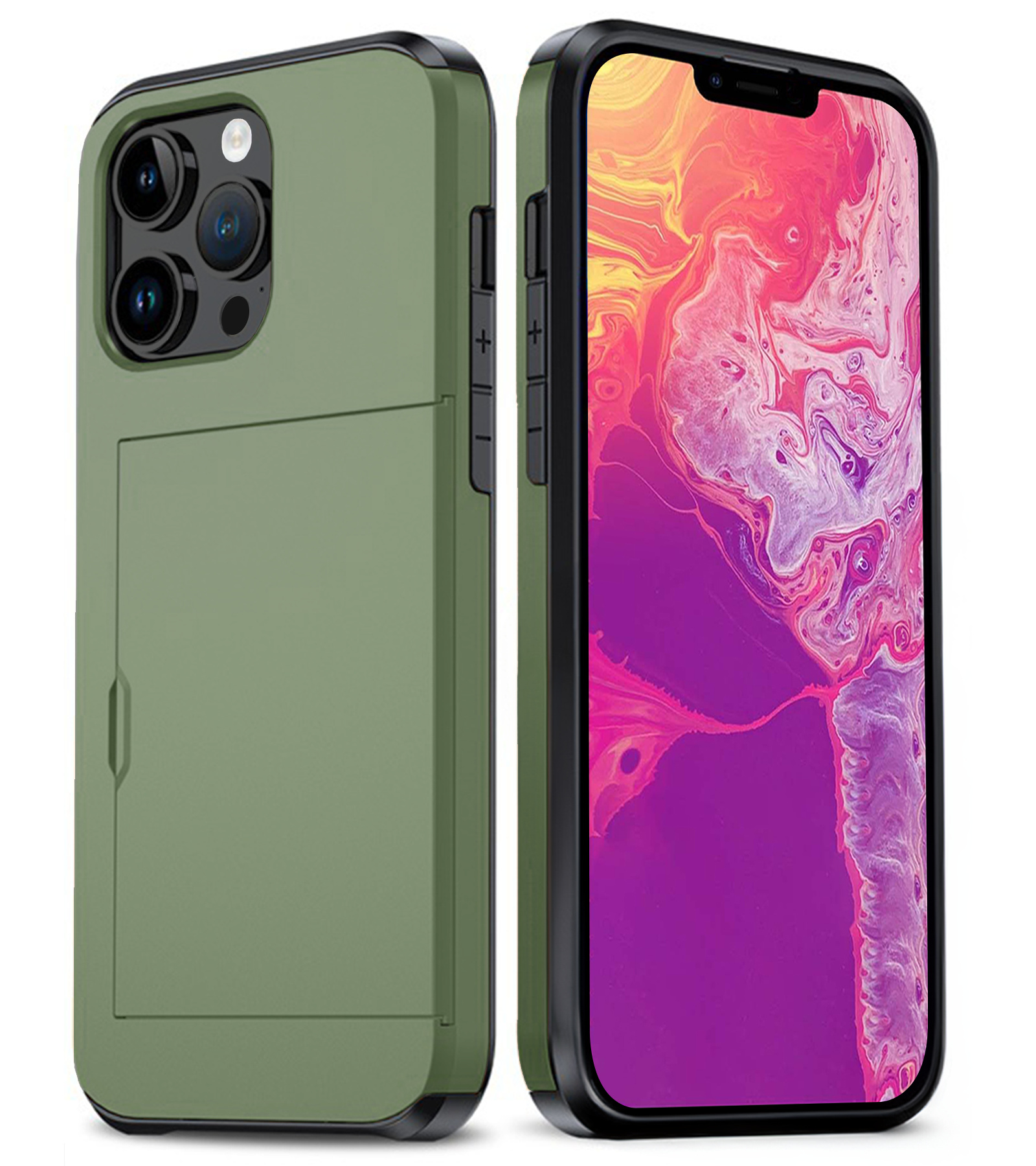 BASEY. Hoes Geschikt voor iPhone 14 Pro Hoesje Hard Case Met Pas Houder - Hoesje Geschikt voor iPhone 14 Pro Hoes Shockproof Hard Cover Met Kaarthouder - Donker Groen