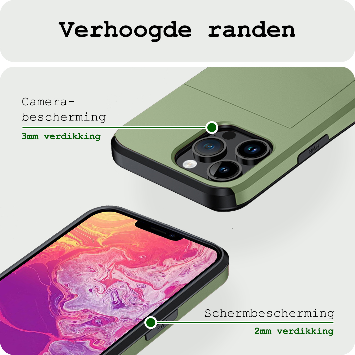 BASEY. Hoes Geschikt voor iPhone 14 Pro Hoesje Hard Case Met Pas Houder - Hoesje Geschikt voor iPhone 14 Pro Hoes Shockproof Hard Cover Met Kaarthouder - Donker Groen