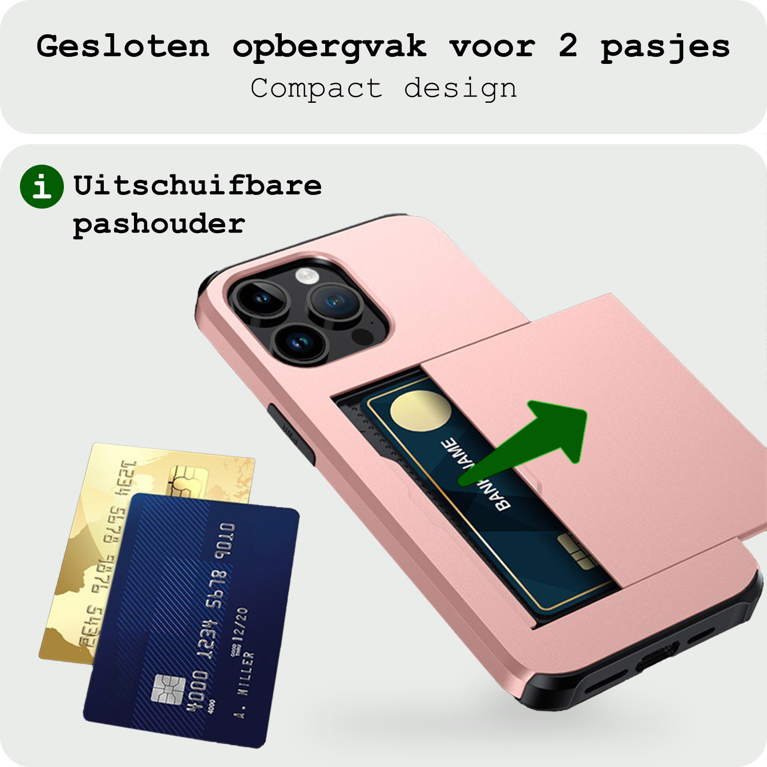 BASEY. Hoes Geschikt voor iPhone 14 Pro Hoesje Hard Case Met Pas Houder - Hoesje Geschikt voor iPhone 14 Pro Hoes Shockproof Hard Cover Met Kaarthouder - Rosé Goud