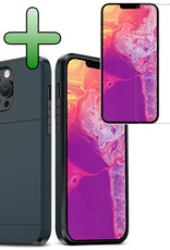 BASEY. Hoes Geschikt voor iPhone 14 Pro Hoesje Hard Case Met Pas Houder Met Screenprotector - Hoesje Geschikt voor iPhone 14 Pro Hoes Shockproof Hard Cover Met Kaarthouder - Donker Blauw