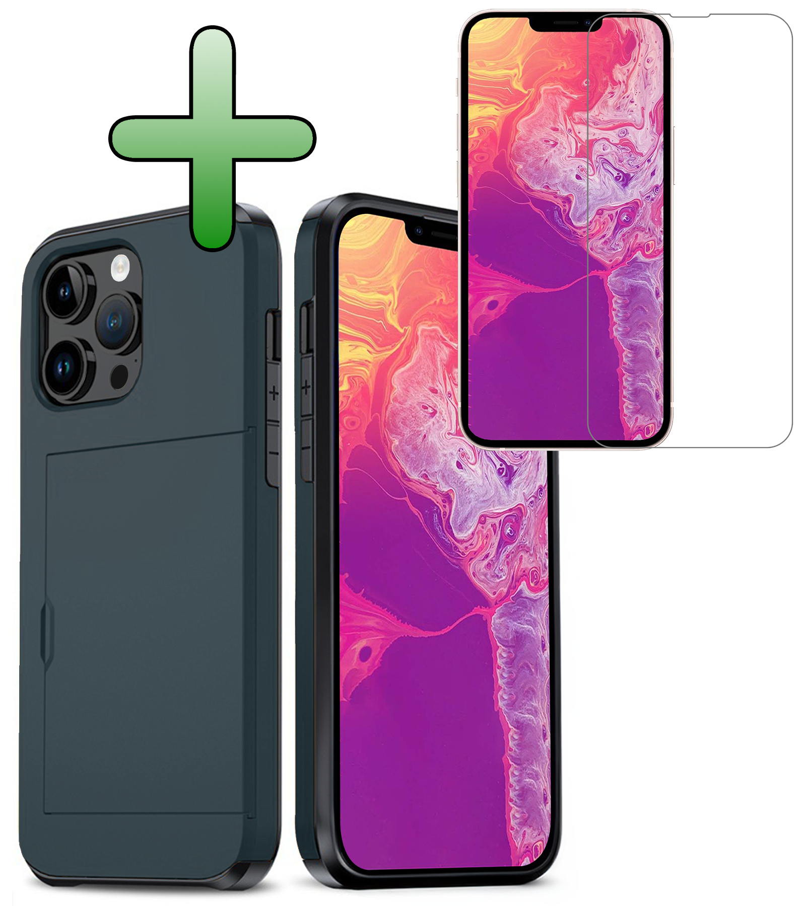 BASEY. Hoes Geschikt voor iPhone 14 Pro Hoesje Hard Case Met Pas Houder Met Screenprotector - Hoesje Geschikt voor iPhone 14 Pro Hoes Shockproof Hard Cover Met Kaarthouder - Donker Blauw