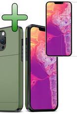 BASEY. Hoes Geschikt voor iPhone 14 Pro Hoesje Hard Case Met Pas Houder Met Screenprotector - Hoesje Geschikt voor iPhone 14 Pro Hoes Shockproof Hard Cover Met Kaarthouder - Donker Groen