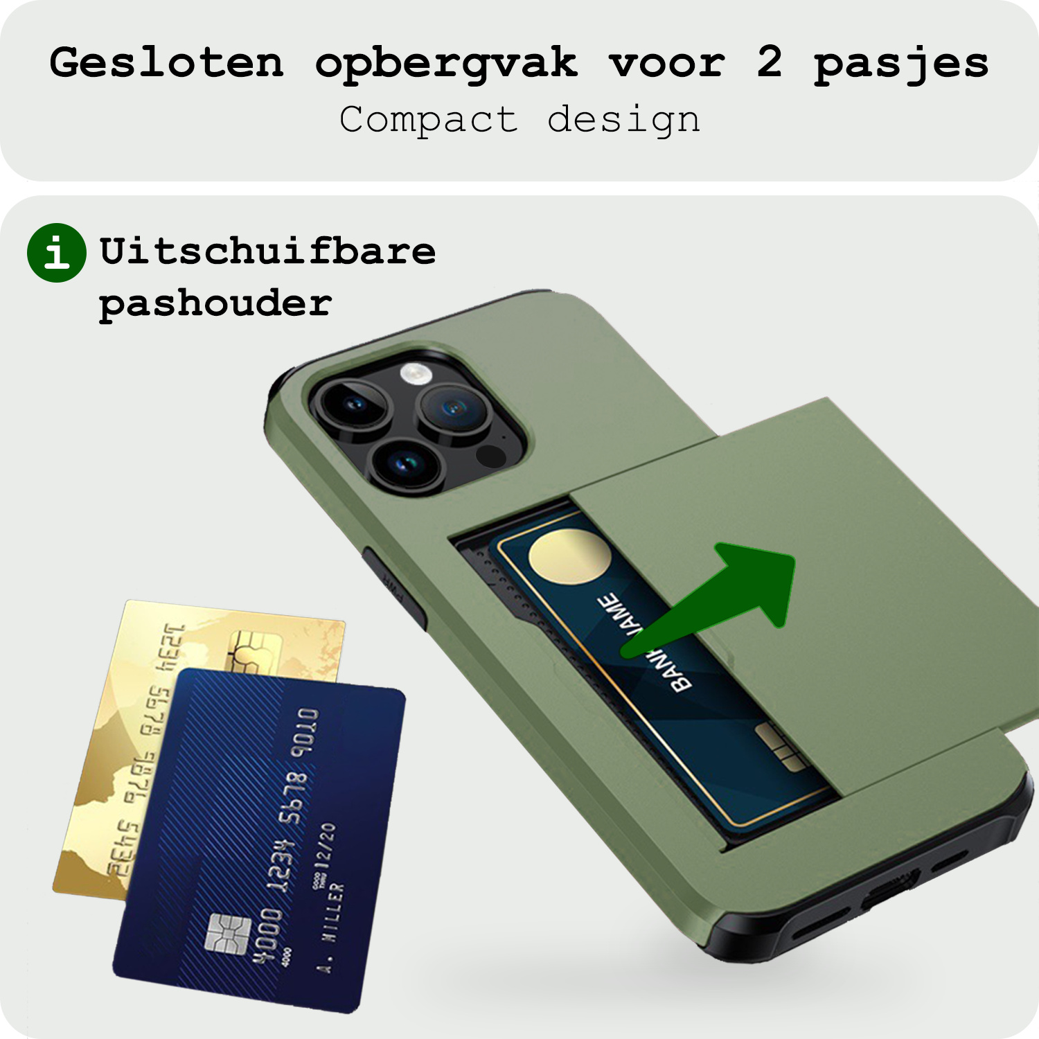 BASEY. Hoes Geschikt voor iPhone 14 Pro Hoesje Hard Case Met Pas Houder Met Screenprotector - Hoesje Geschikt voor iPhone 14 Pro Hoes Shockproof Hard Cover Met Kaarthouder - Donker Groen