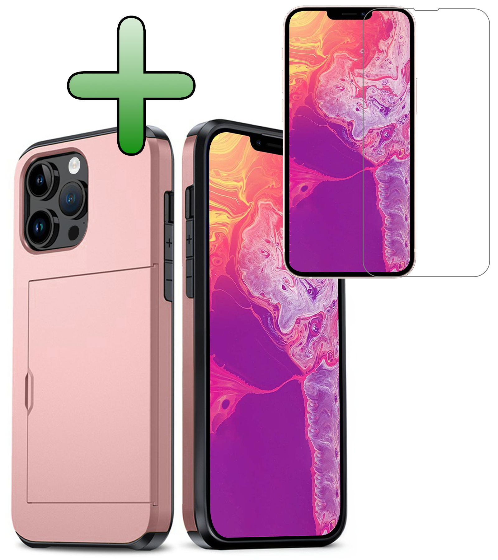 BASEY. Hoes Geschikt voor iPhone 14 Pro Hoesje Hard Case Met Pas Houder Met Screenprotector - Hoesje Geschikt voor iPhone 14 Pro Hoes Shockproof Hard Cover Met Kaarthouder - Rosé Goud