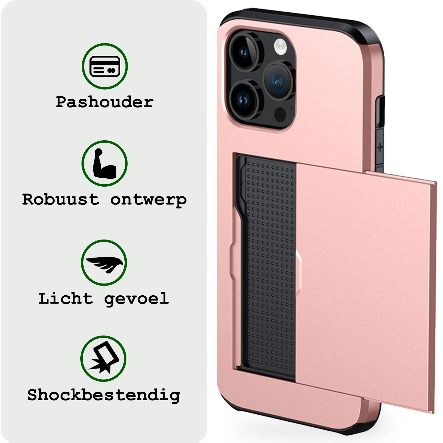 BASEY. Hoes Geschikt voor iPhone 14 Pro Hoesje Hard Case Met Pas Houder Met Screenprotector - Hoesje Geschikt voor iPhone 14 Pro Hoes Shockproof Hard Cover Met Kaarthouder - Rosé Goud