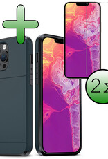 BASEY. Hoes Geschikt voor iPhone 14 Pro Hoesje Hard Case Met Pas Houder Met 2x Screenprotector - Hoesje Geschikt voor iPhone 14 Pro Hoes Shockproof Hard Cover Met Kaarthouder - Donker Blauw
