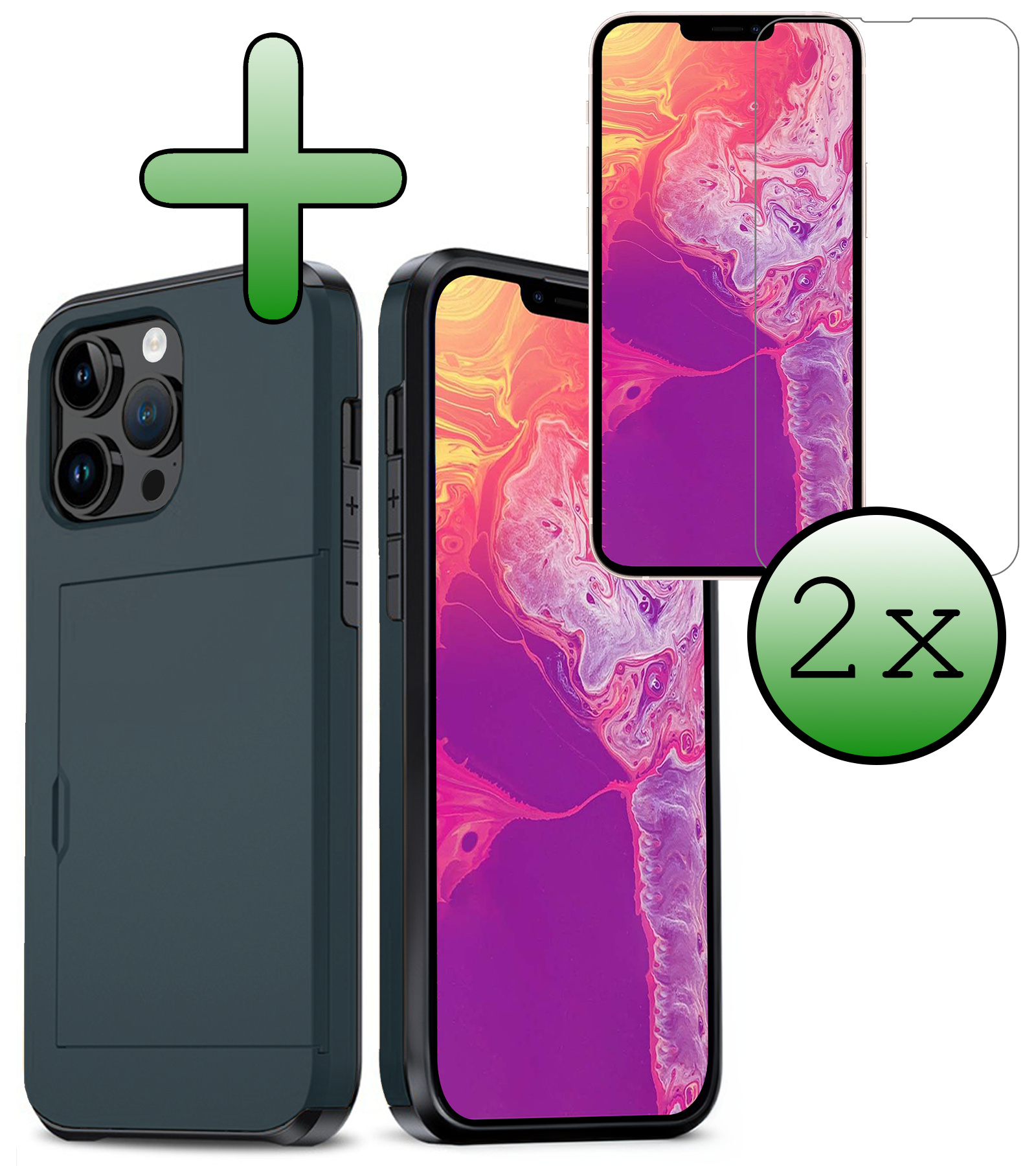 BASEY. Hoes Geschikt voor iPhone 14 Pro Hoesje Hard Case Met Pas Houder Met 2x Screenprotector - Hoesje Geschikt voor iPhone 14 Pro Hoes Shockproof Hard Cover Met Kaarthouder - Donker Blauw