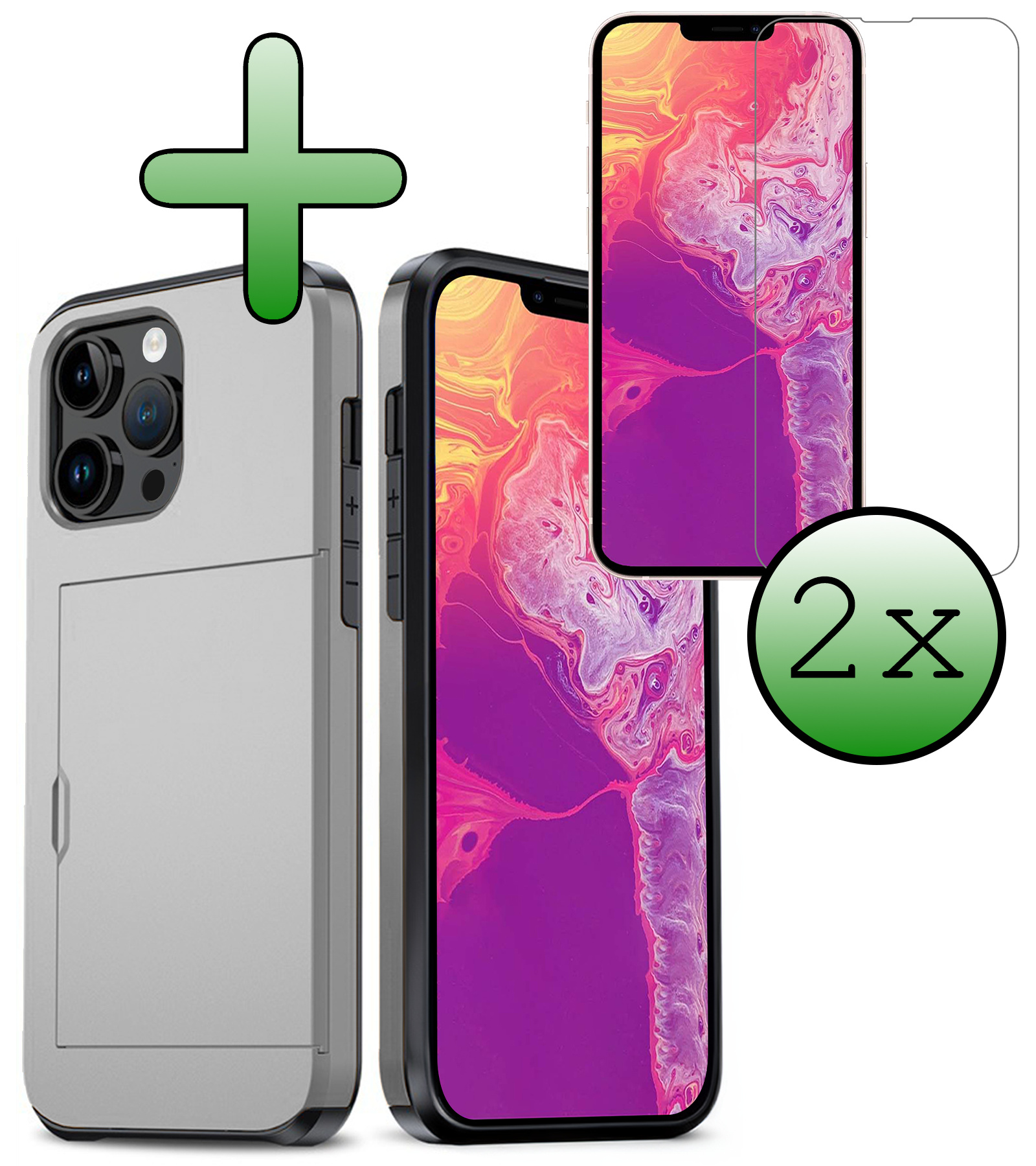 BASEY. Hoes Geschikt voor iPhone 14 Pro Hoesje Hard Case Met Pas Houder Met 2x Screenprotector - Hoesje Geschikt voor iPhone 14 Pro Hoes Shockproof Hard Cover Met Kaarthouder - Grijs