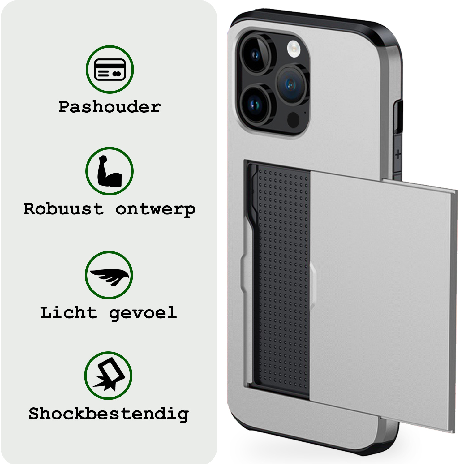 BASEY. Hoes Geschikt voor iPhone 14 Pro Hoesje Hard Case Met Pas Houder Met 2x Screenprotector - Hoesje Geschikt voor iPhone 14 Pro Hoes Shockproof Hard Cover Met Kaarthouder - Grijs