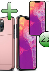 BASEY. Hoes Geschikt voor iPhone 14 Pro Hoesje Hard Case Met Pas Houder Met 2x Screenprotector - Hoesje Geschikt voor iPhone 14 Pro Hoes Shockproof Hard Cover Met Kaarthouder - Rosé Goud